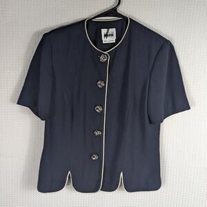 Leslie Fay Petite 6P Women's Navy Short Sleeve Skirt Suit Trim Button Front